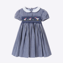 Load image into Gallery viewer, Girls dress hand smocking on front covered buttons on back  fully lined in navy gingham