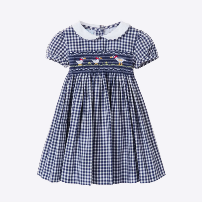 Girls dress hand smocking on front covered buttons on back  fully lined in navy gingham
